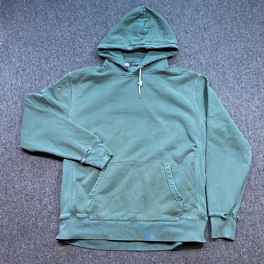 J Crew Vintage Fleece Hoodie Sz L Mens Green Skater Grunge Distressed Pullover